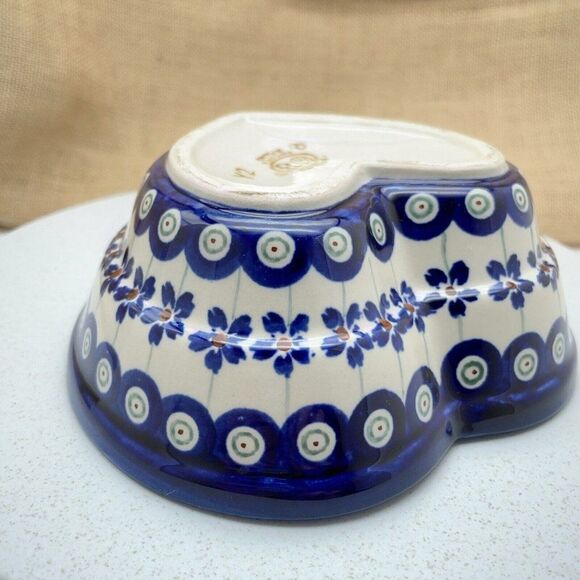 Boleslawiec Pottery Heart Shaped Bowl 6" Peacock Eye Flowers Dish Made in Poland - Picture 12 of 15